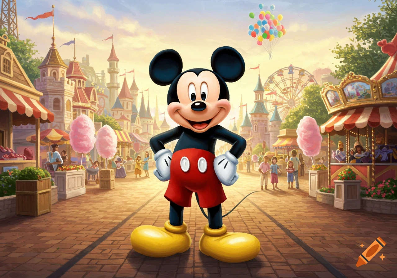 Mickey Mouse stands in a vibrant amusement park with castles, a Ferris wheel, and cotton candy stalls under a bright sky with balloons.