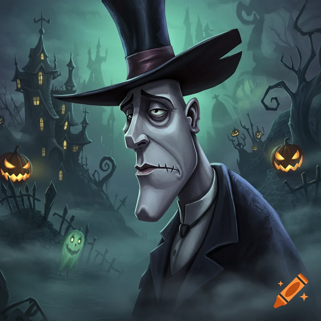Stylized illustration of a sad man in a top hat with stitches, in a misty haunted Halloween landscape with jack-o'-lanterns and spooky houses.