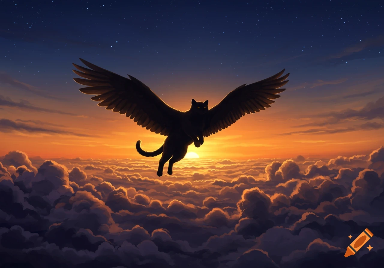 A black winged cat with glowing yellow eyes flies above orange-lit clouds against a sunset sky with stars.