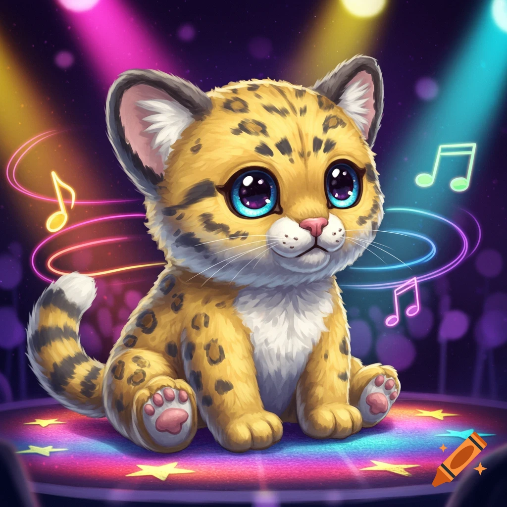 A cute, big-eyed cartoon clouded leopard cub plushy sits on a rainbow stage with disco lights and musical notes.