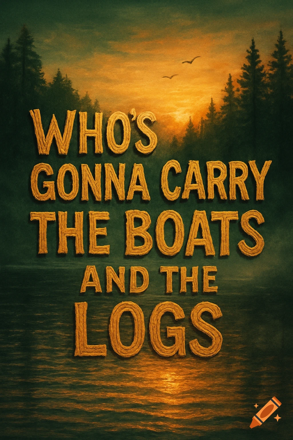Text 'WHO'S GONNA CARRY THE BOATS AND THE LOGS' in textured gold font over a sunset lake with silhouetted trees.