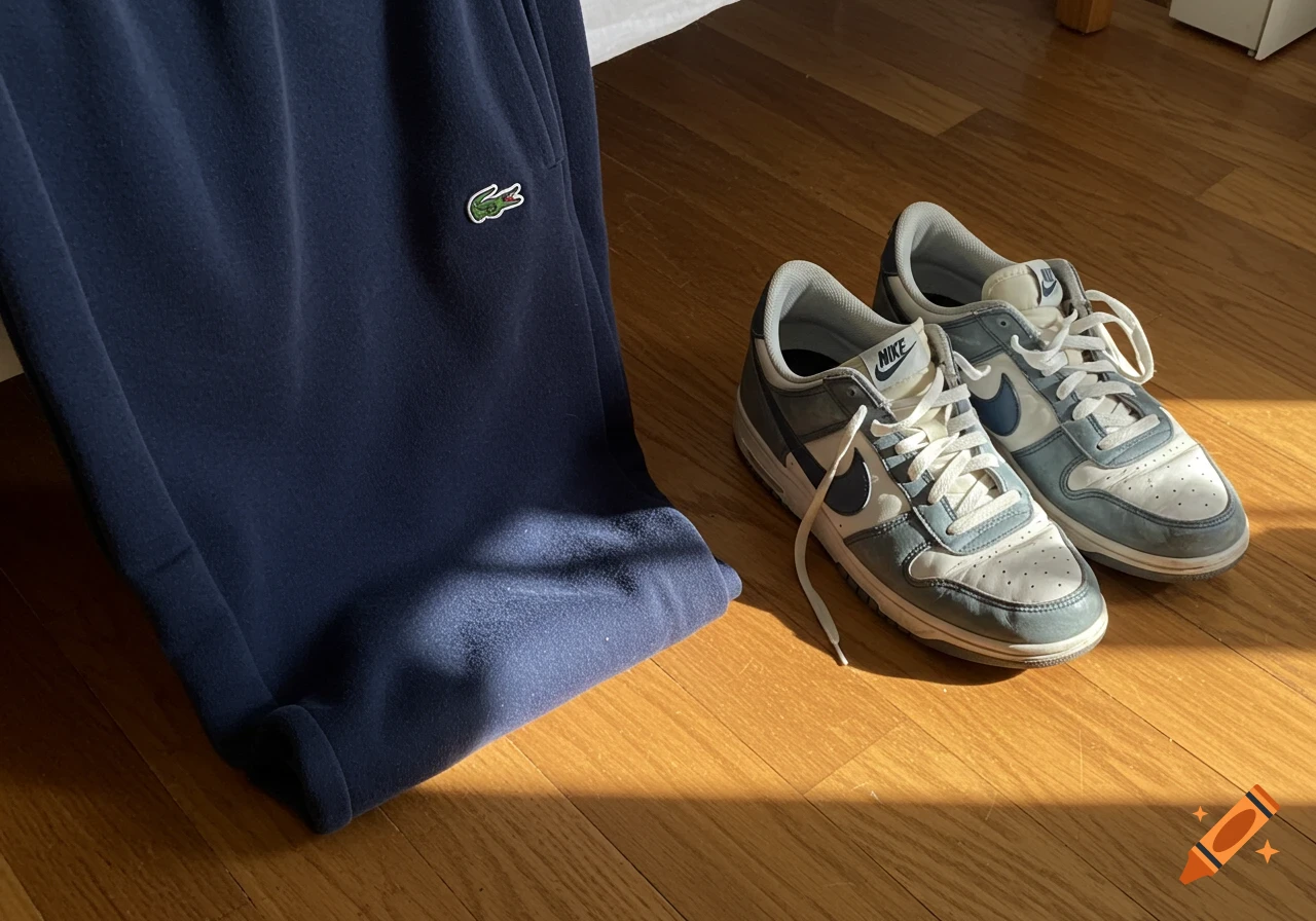 Navy blue sweatpants with a green crocodile logo lie next to white and light blue Nike sneakers on a sunlit wooden floor.