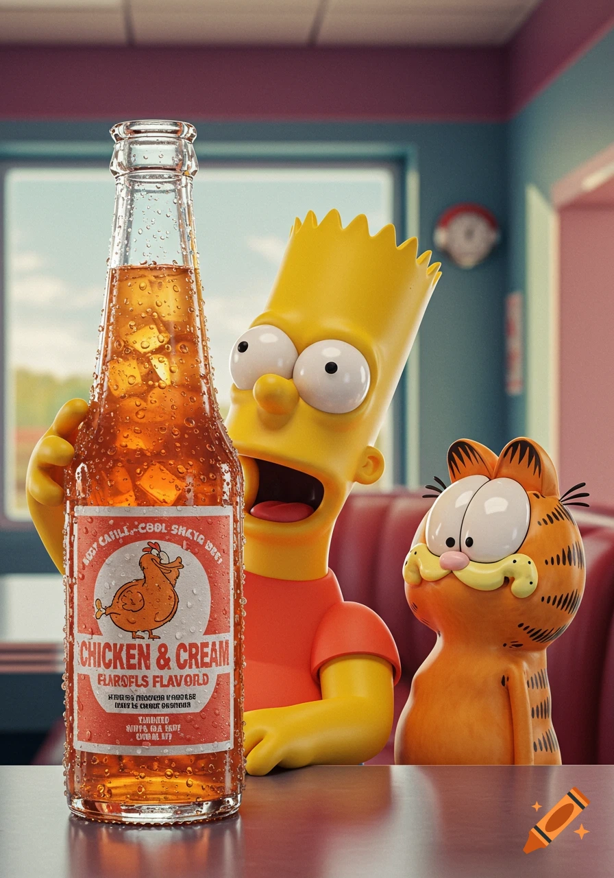 A 3D rendered Bart Simpson holds a condensation-covered bottle of "Chicken & Cream" soda with a garbled label, as Garfield looks on.