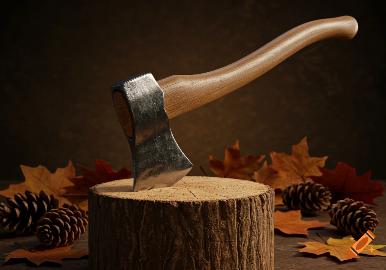 Photorealistic image of a hand axe stuck in a log, surrounded by autumn leaves and pinecones.