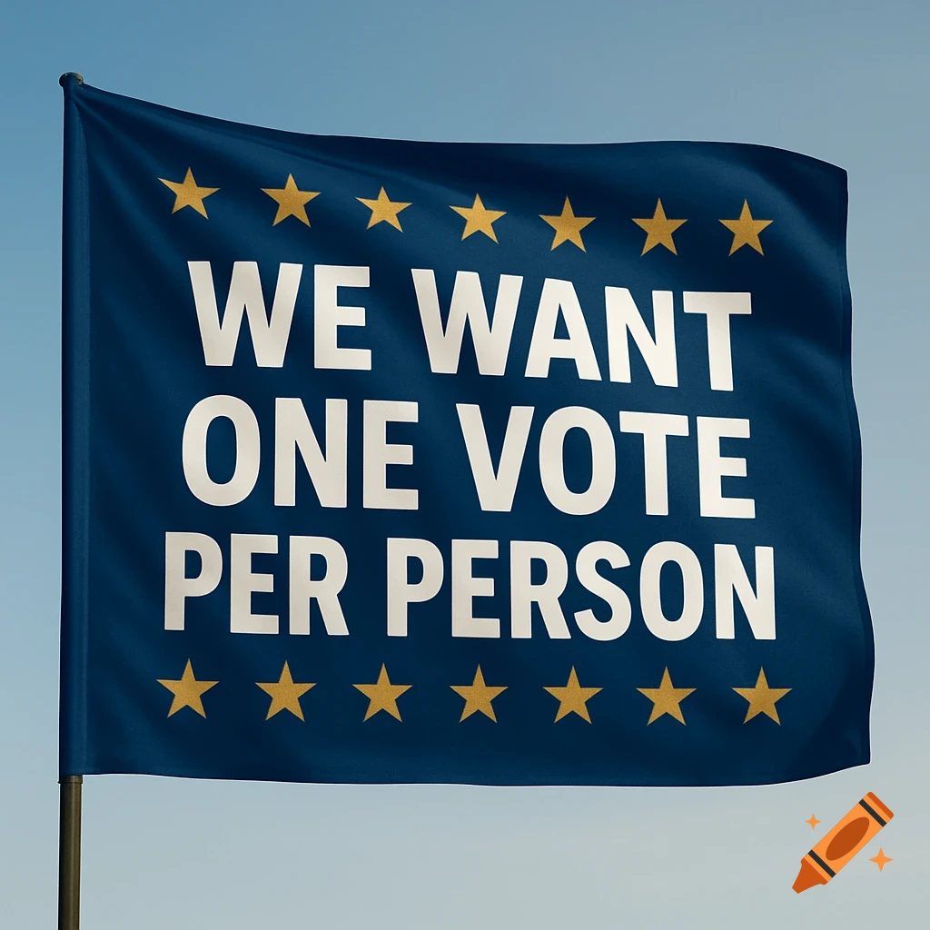 A blue flag with golden stars along the top and bottom borders, displaying the white text 'WE WANT ONE VOTE PER PERSON' against a clear blue sky.