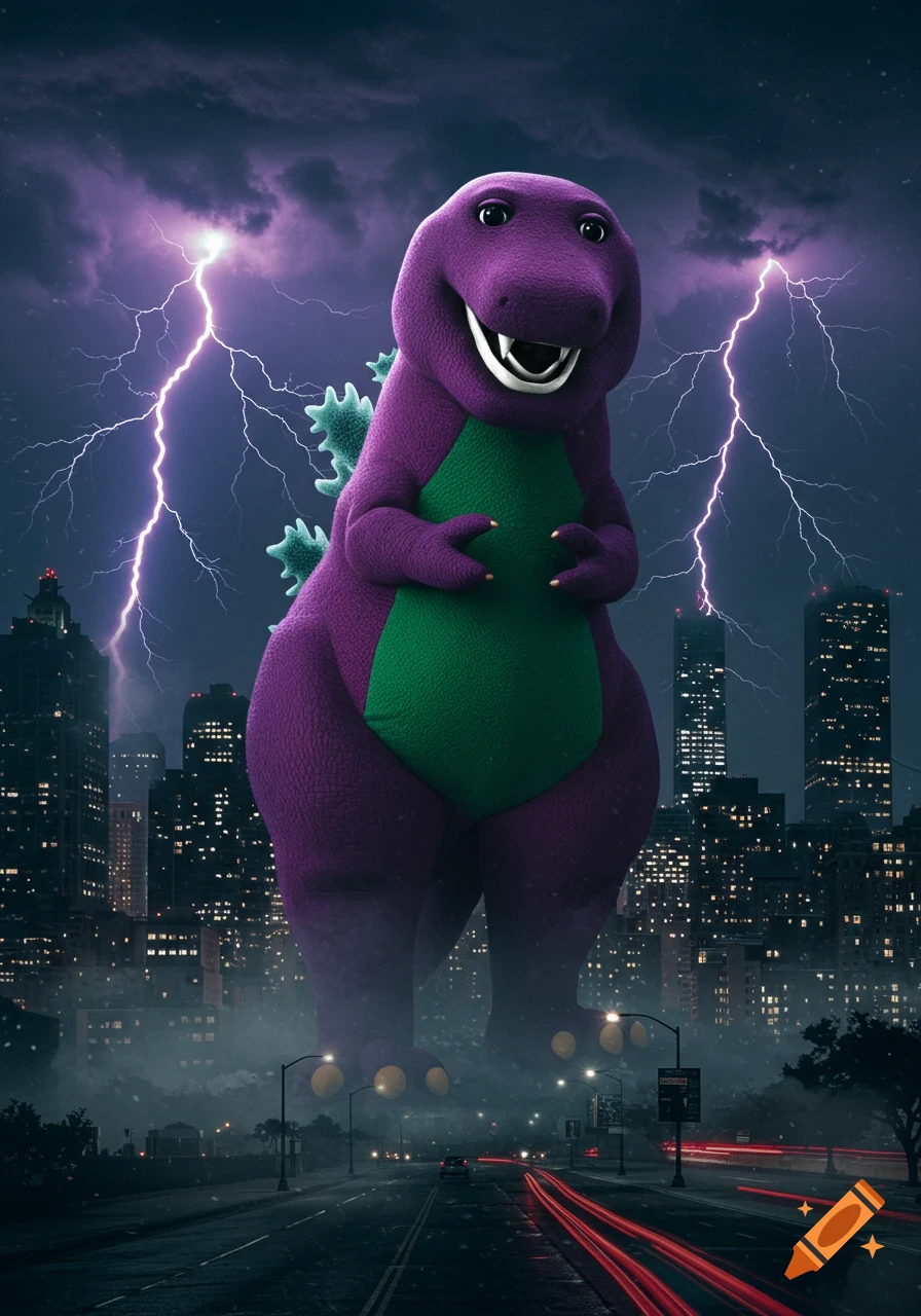 A giant, furry purple Barney-Godzilla hybrid looms over a city street with red taillights during a lightning storm.