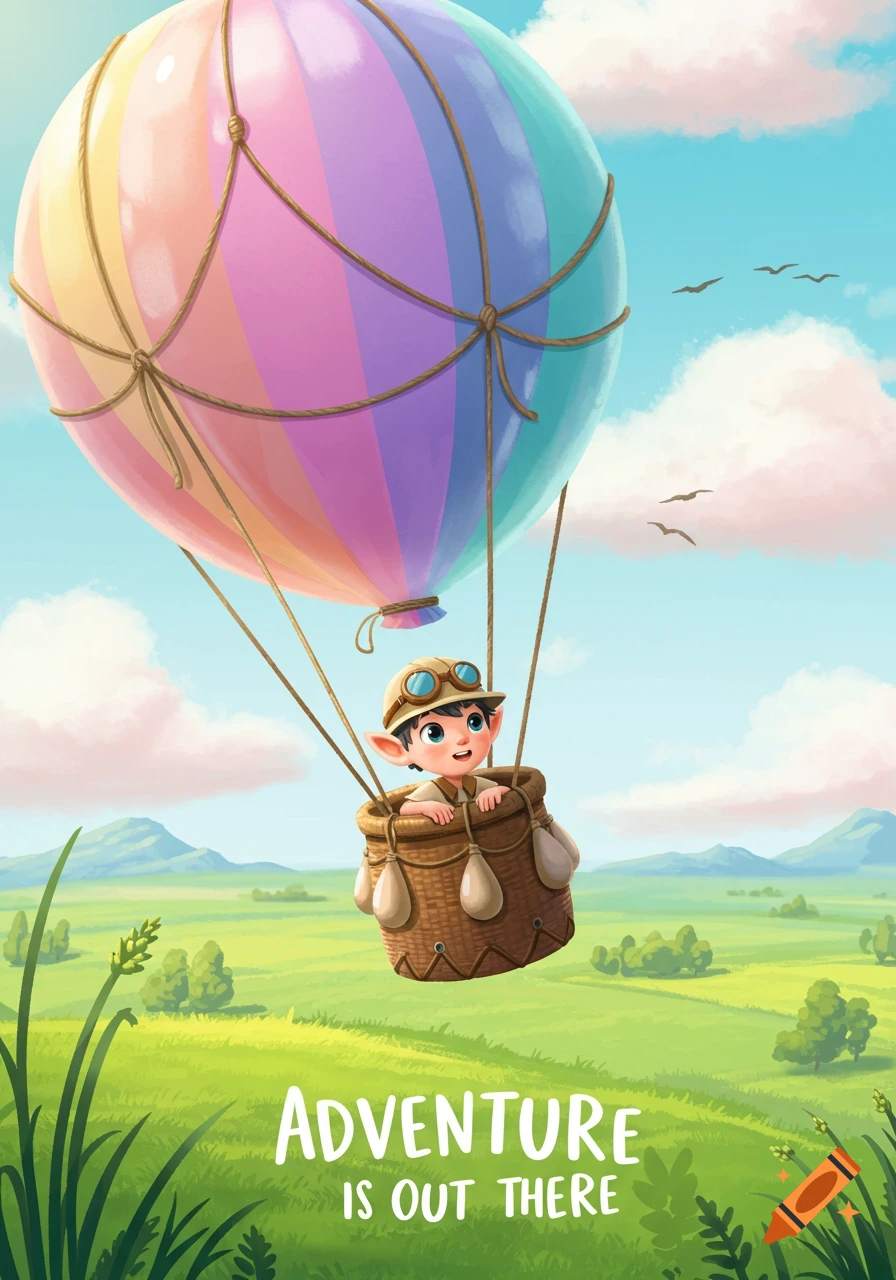 A child-like elf in a hot air balloon floats over a green landscape with "ADVENTURE IS OUT THERE" text, in a Disney illustration style.
