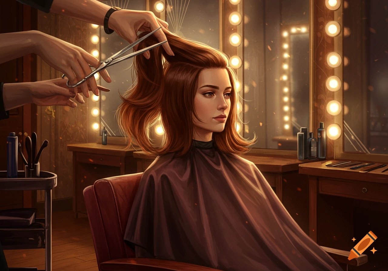 Digital painting of a woman with auburn hair getting a haircut from a stylist in a warm, brightly lit salon.