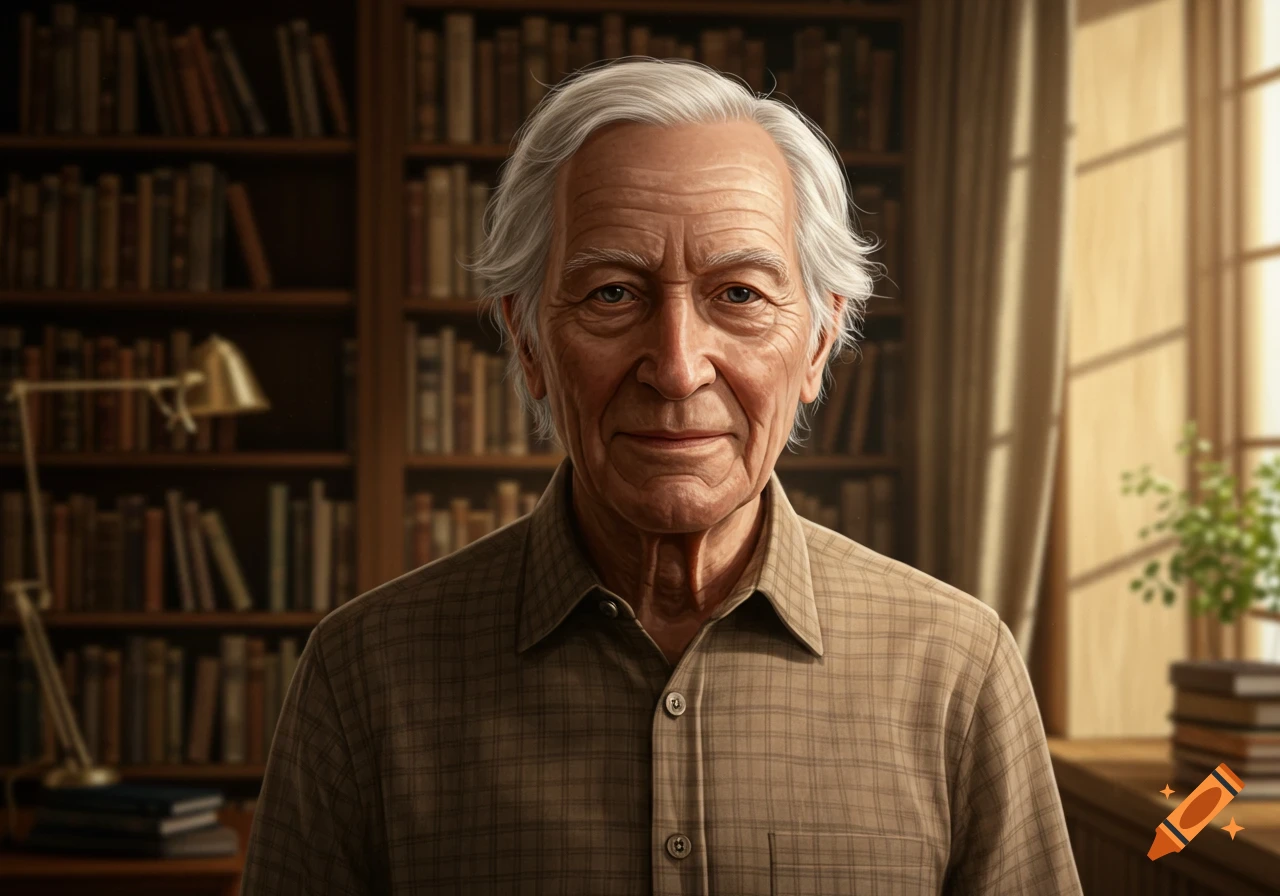 Photorealistic portrait of a handsome elderly man with white hair in a plaid shirt, standing in a library.