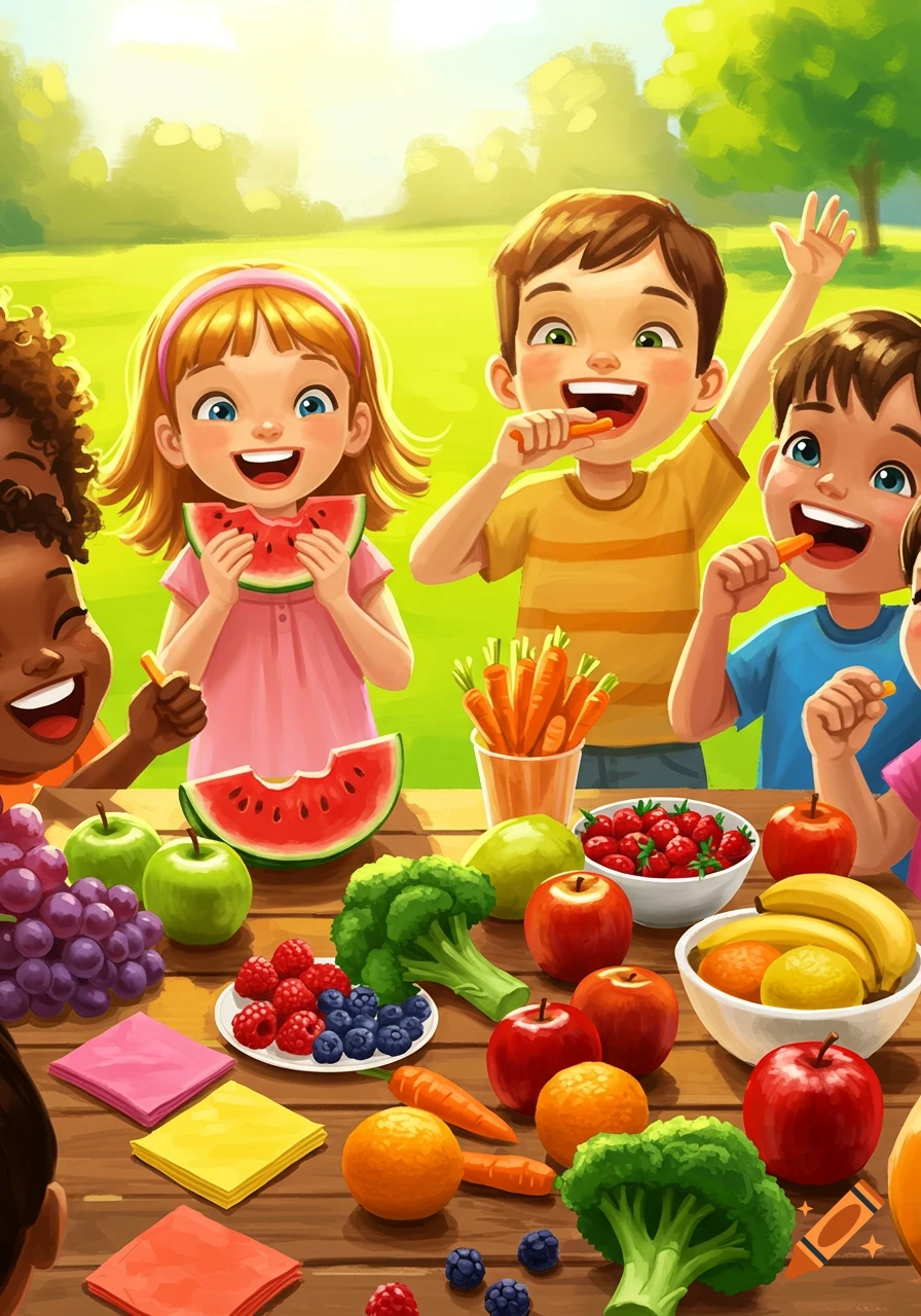 Happy children eat watermelon, carrots, grapes, and other healthy fruits and vegetables at a picnic in a sunny, vibrant illustration.