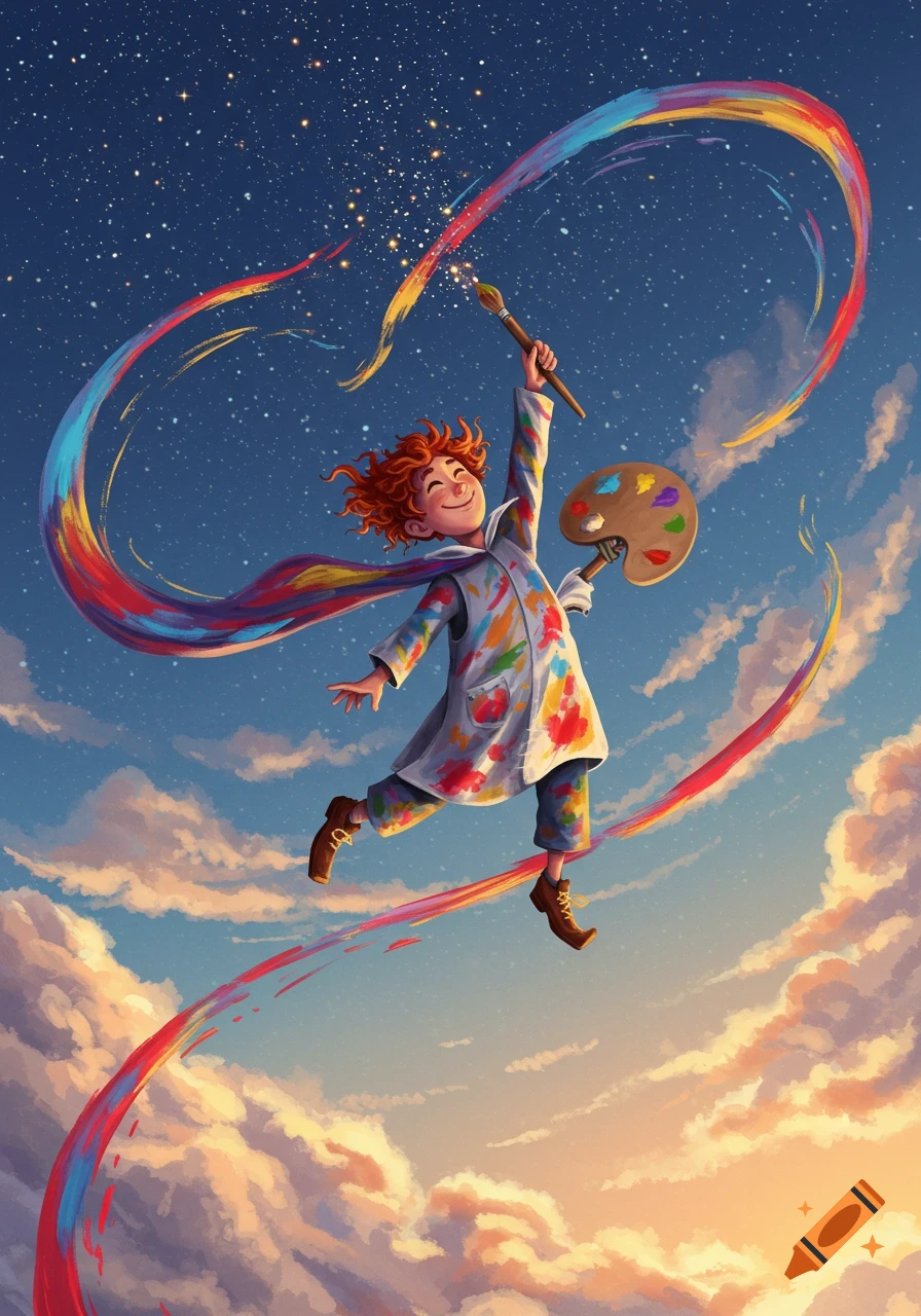 A joyful painter with messy red hair and paint-splattered clothes flies through a starry sky, leaving a colorful rainbow trail. Illustrated style.