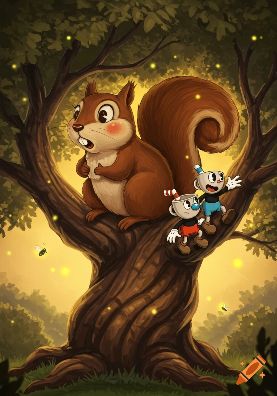 Cuphead and Mugman sit on a tree branch next to a large, startled squirrel in a glowing forest.