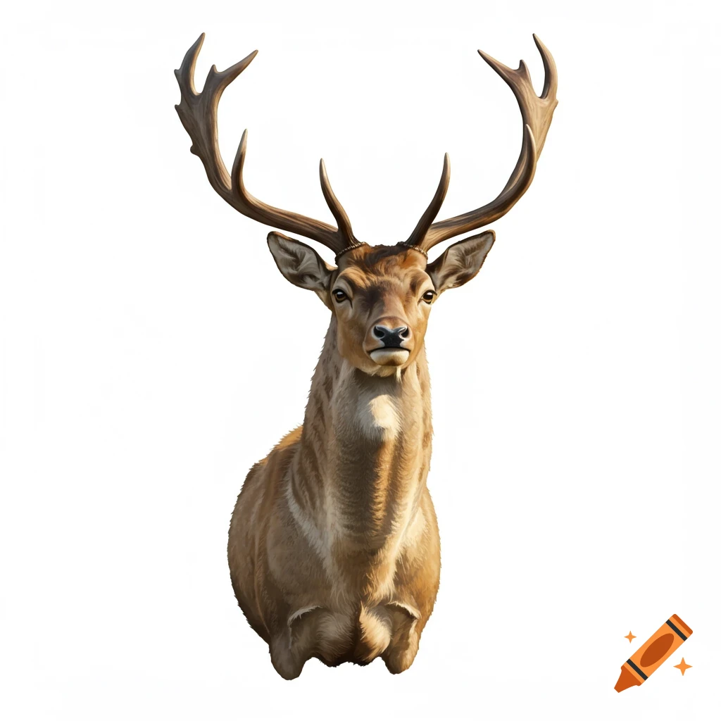 A detailed illustration of a deer with large antlers looking forward, against a white background.
