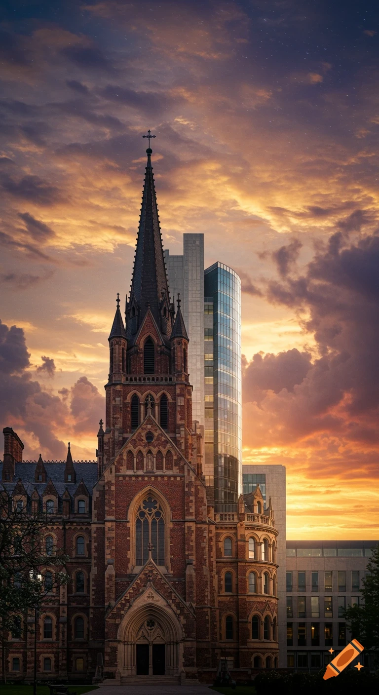 Ornate brick seminary with a spire merging into modern glass buildings under a dramatic orange and purple sunset sky.