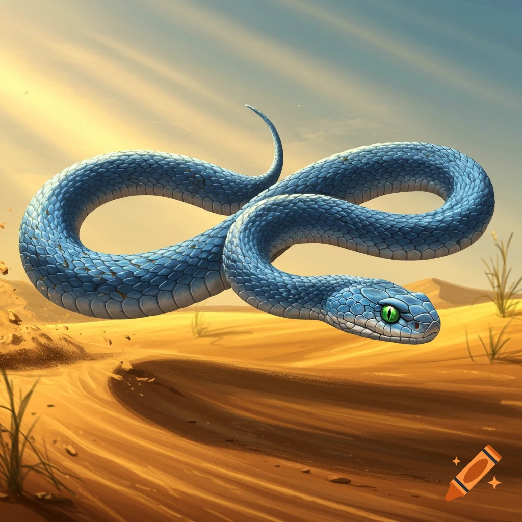 A blue snake with bright green eyes coils in an infinity symbol shape, floating above golden desert dunes under a warm sky.