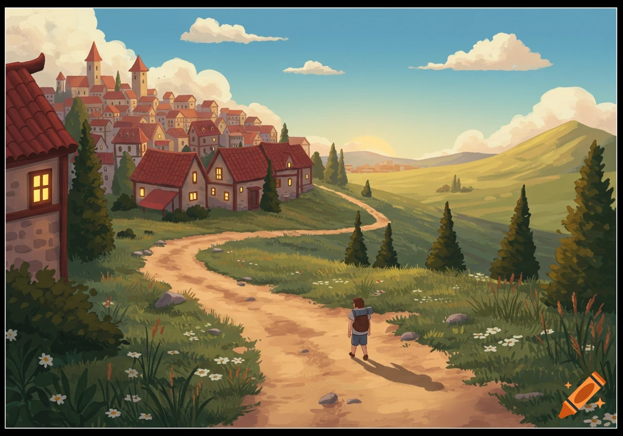 Illustrated landscape of a person with a backpack on a dirt path, approaching a cozy hillside village under a warm sunset.