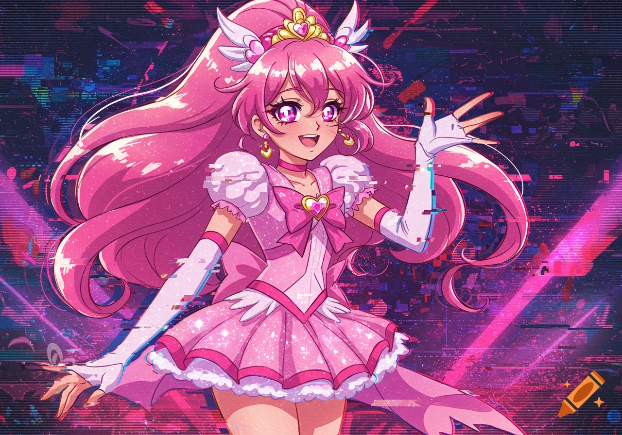 A pink-haired anime magical girl in a sparkling pink dress with a tiara and gloves poses against a dark glitch art background.