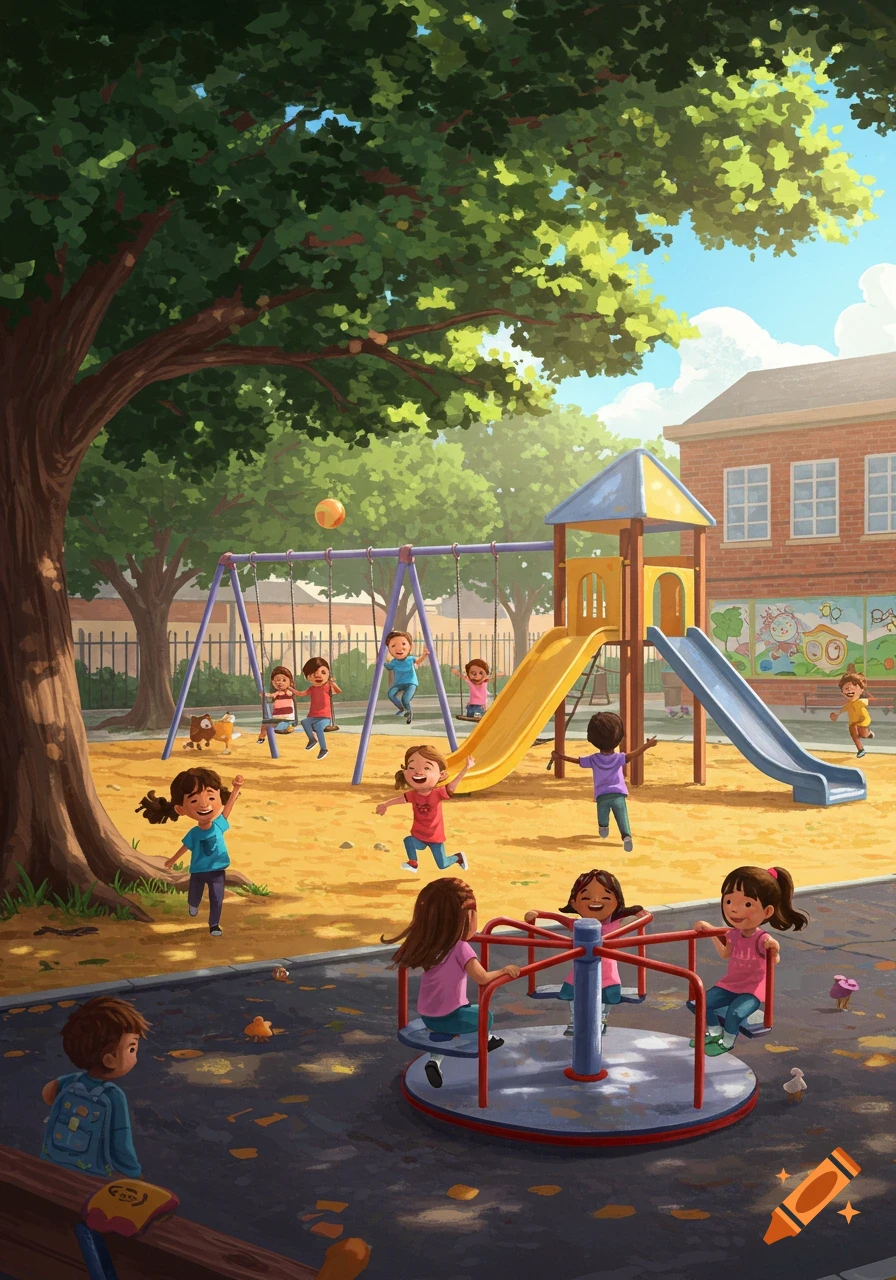 Vibrant cartoon illustration of many children playing on a sunny school playground with swings, slides, and a merry-go-round.