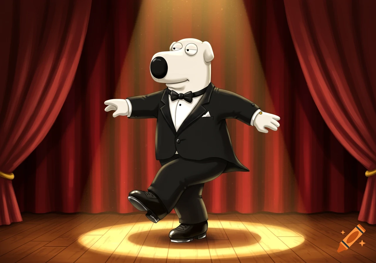 Brian Griffin from Family Guy tap dancing in a tuxedo on a spotlighted stage with red curtains.