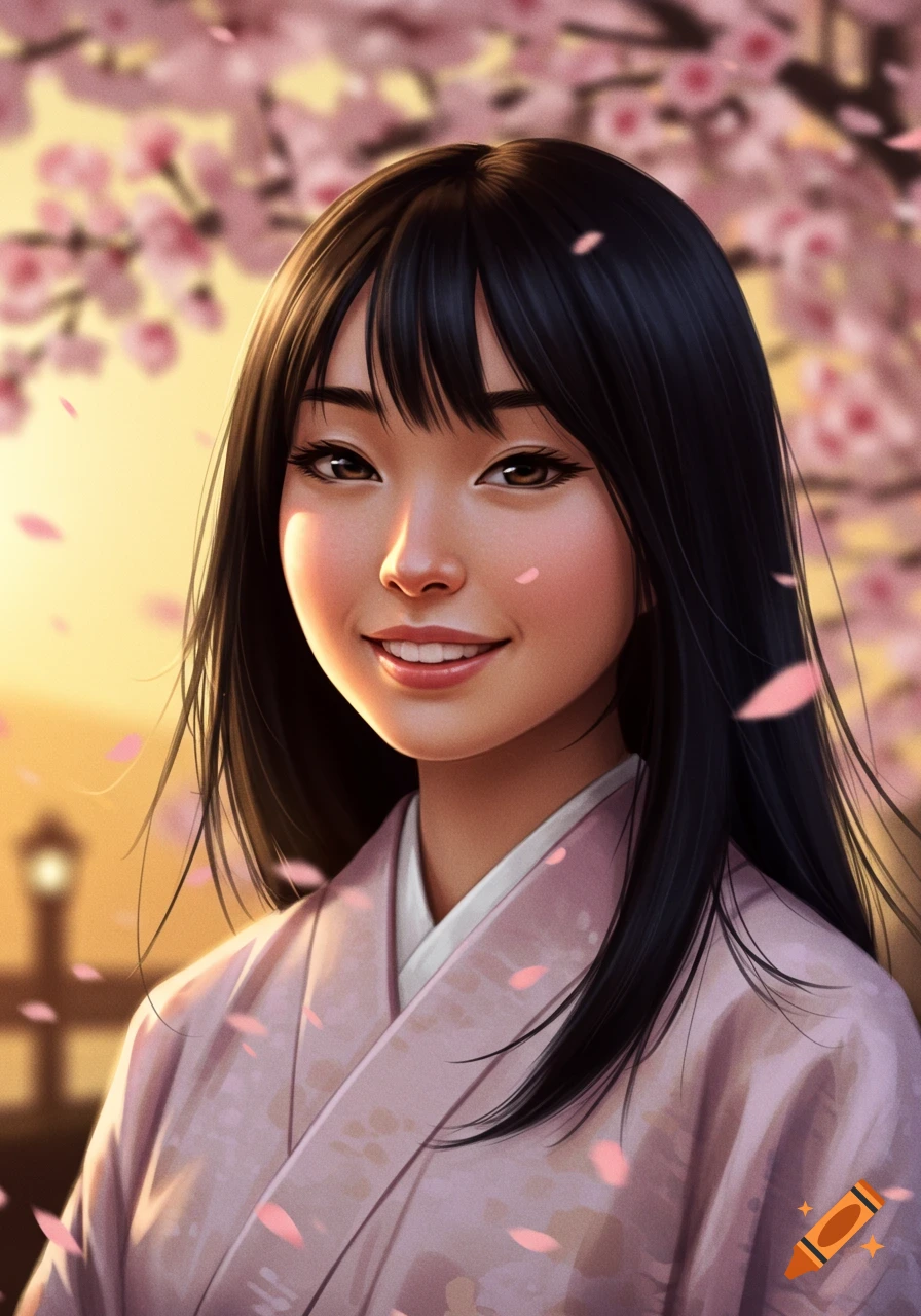 Smiling young Japanese woman with long black hair in a pink kimono amidst falling cherry blossoms, digital painting.