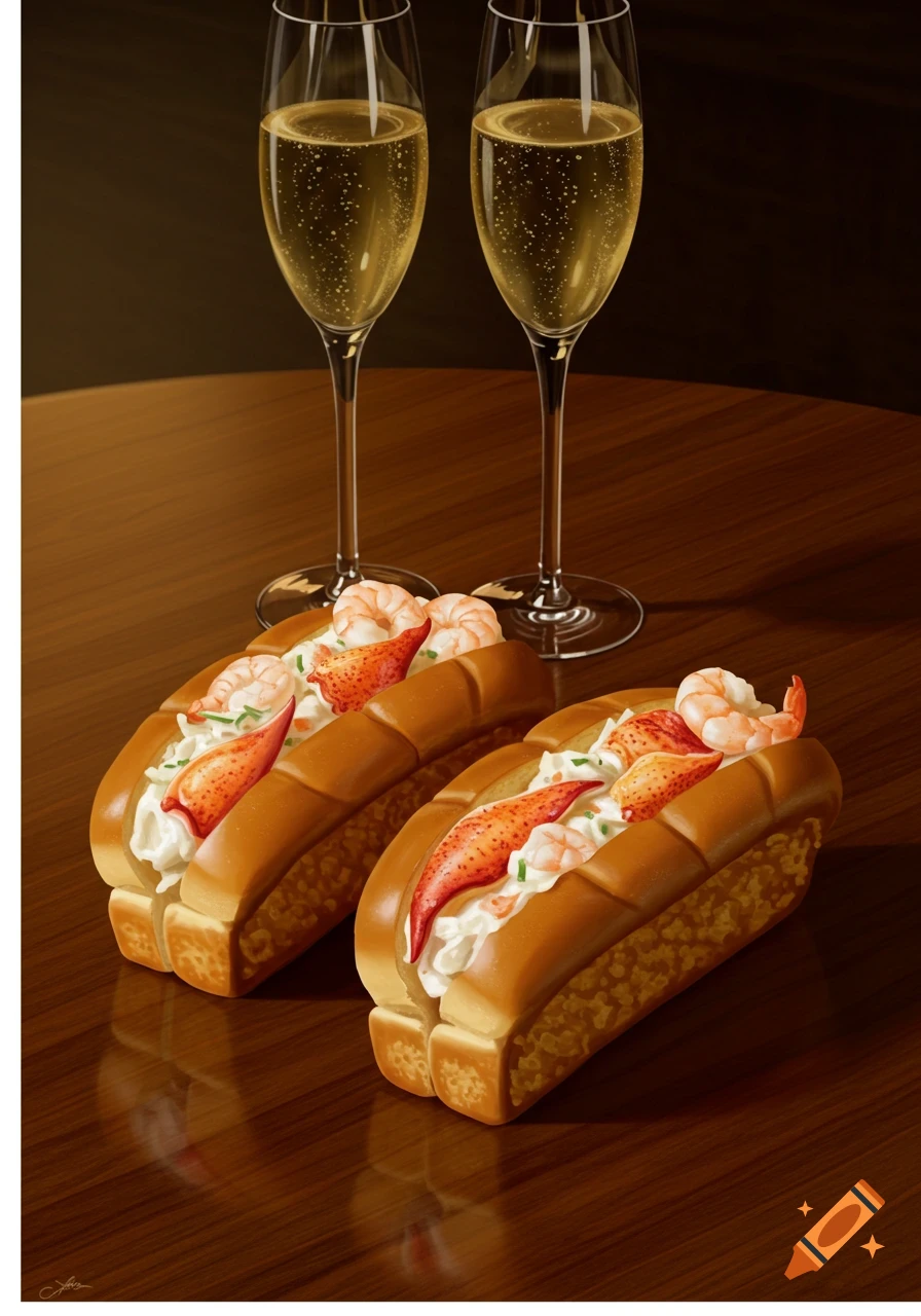 Two photorealistic lobster rolls with shrimp and mayonnaise, served with two glasses of bubbly champagne on a wooden table.