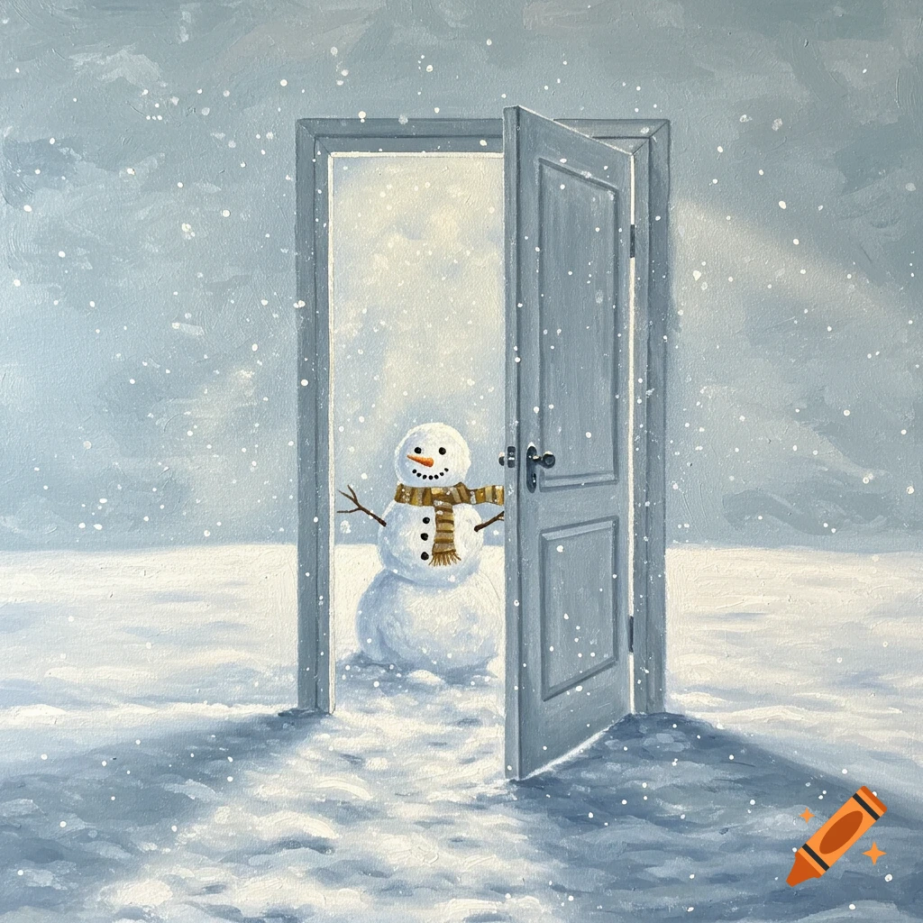 Acrylic painting of a snowman with a striped scarf peering from behind an open door in a snowy landscape.