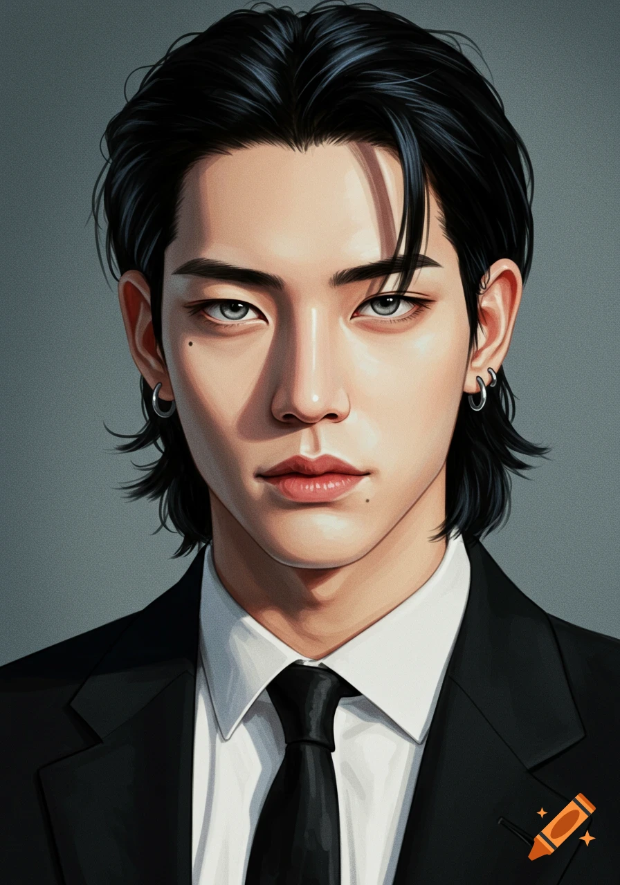 Digital art portrait of a young man with dark hair and sharp features, wearing a black suit and tie.