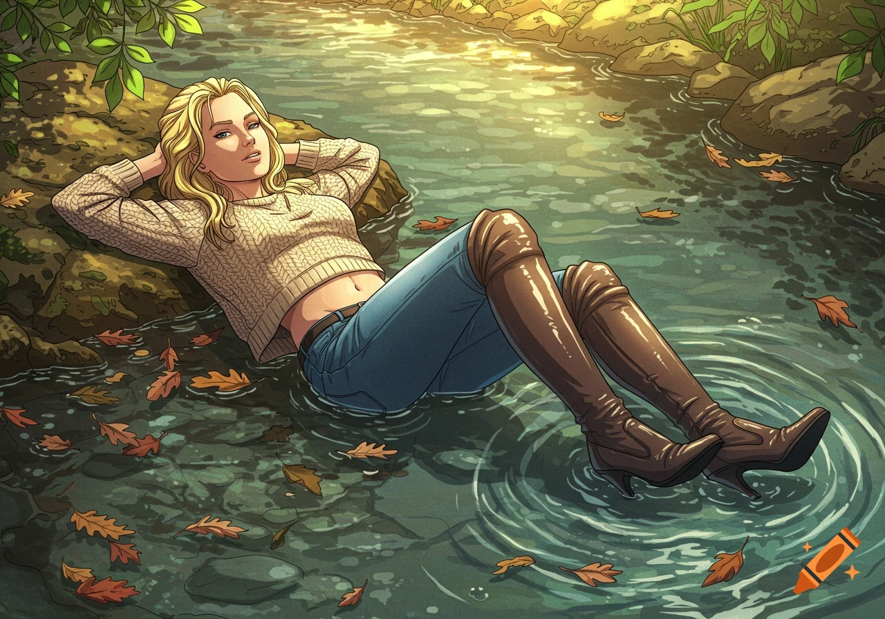 Comic art of a blonde woman in a sweater, jeans, and over-the-knee boots, relaxing in a shallow stream with autumn leaves.