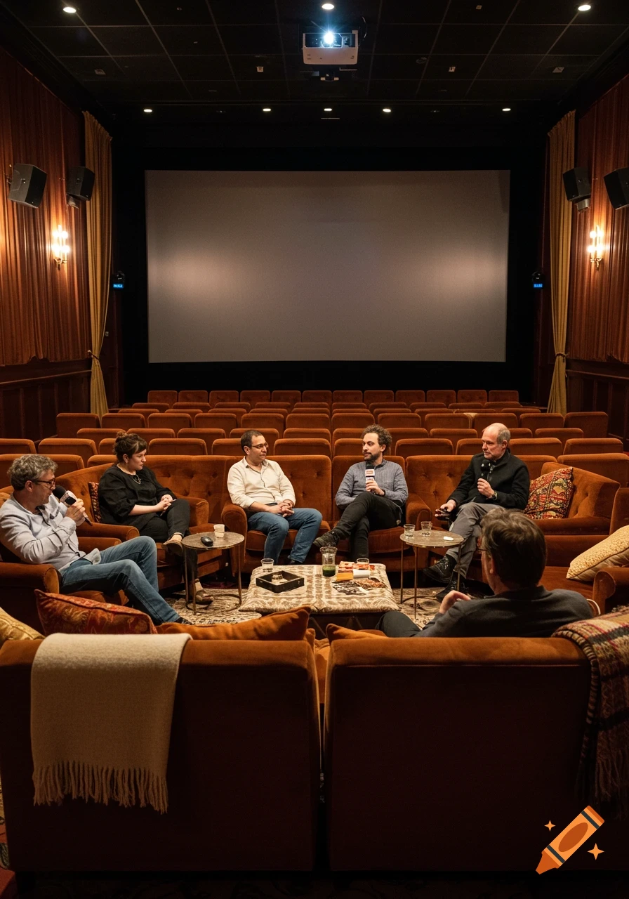 A group of people sit on plush couches in a luxurious cinema hall, engaged in a panel discussion in front of a large blank screen. Photorealistic style.