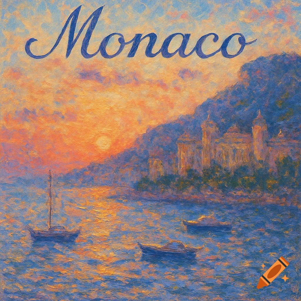 Impressionistic painting of Monaco at sunset with boats, a coastal city, and 'Monaco' text at the top.