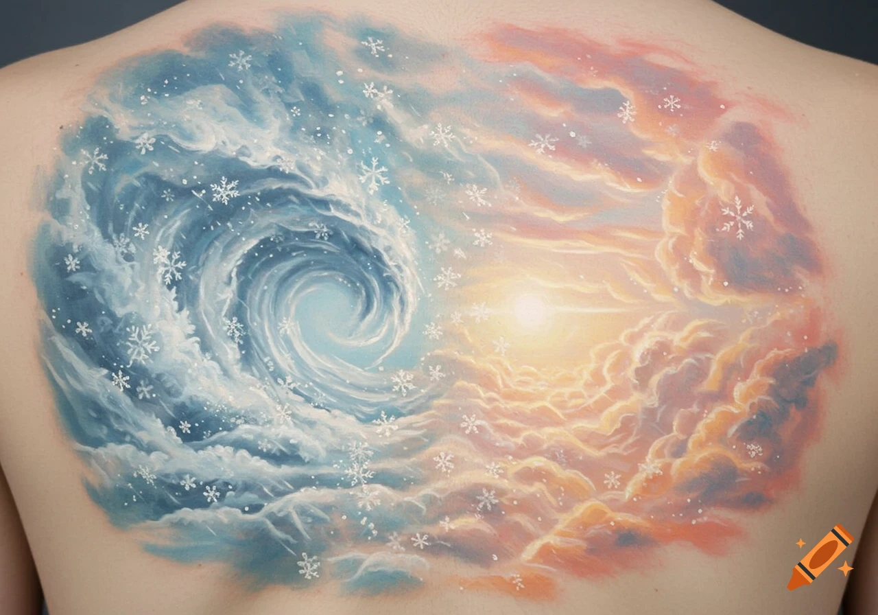 A large back tattoo depicts a swirling blue blizzard with snowflakes on the left, blending into a warm orange and pink sky with a glowing sun on the right.