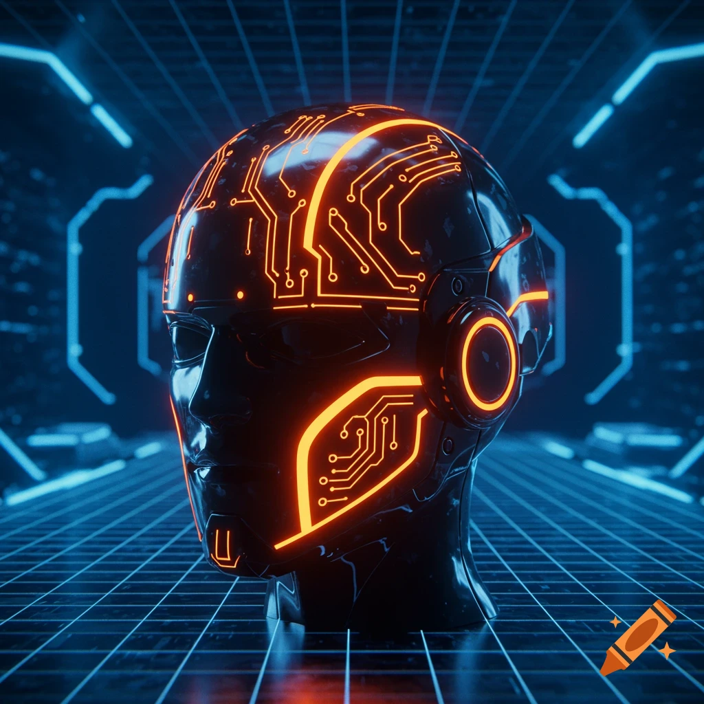A dark, smooth, futuristic helmet with glowing orange circuit patterns on its surface, set against a blue glowing digital grid background.