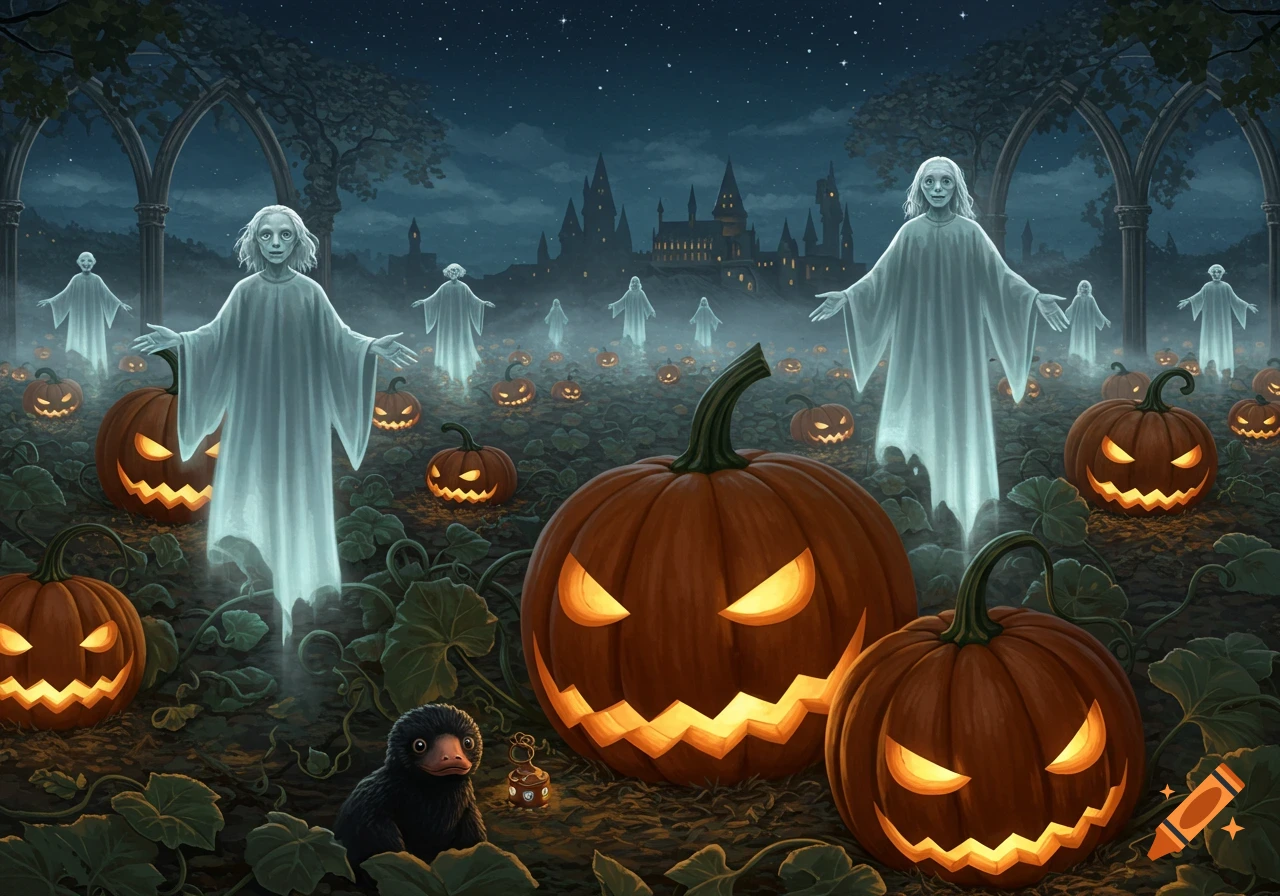 Illustrated Halloween scene with ghostly figures, glowing jack-o'-lanterns, and a Niffler in a pumpkin patch at night, with a castle in the background.
