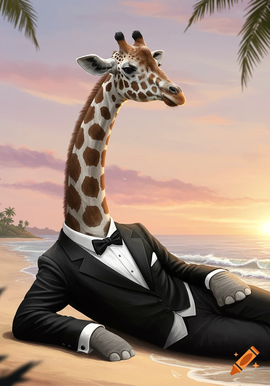 A surreal image of a giraffe-elephant hybrid in a tuxedo, relaxing on a sandy beach at sunset with palm trees.