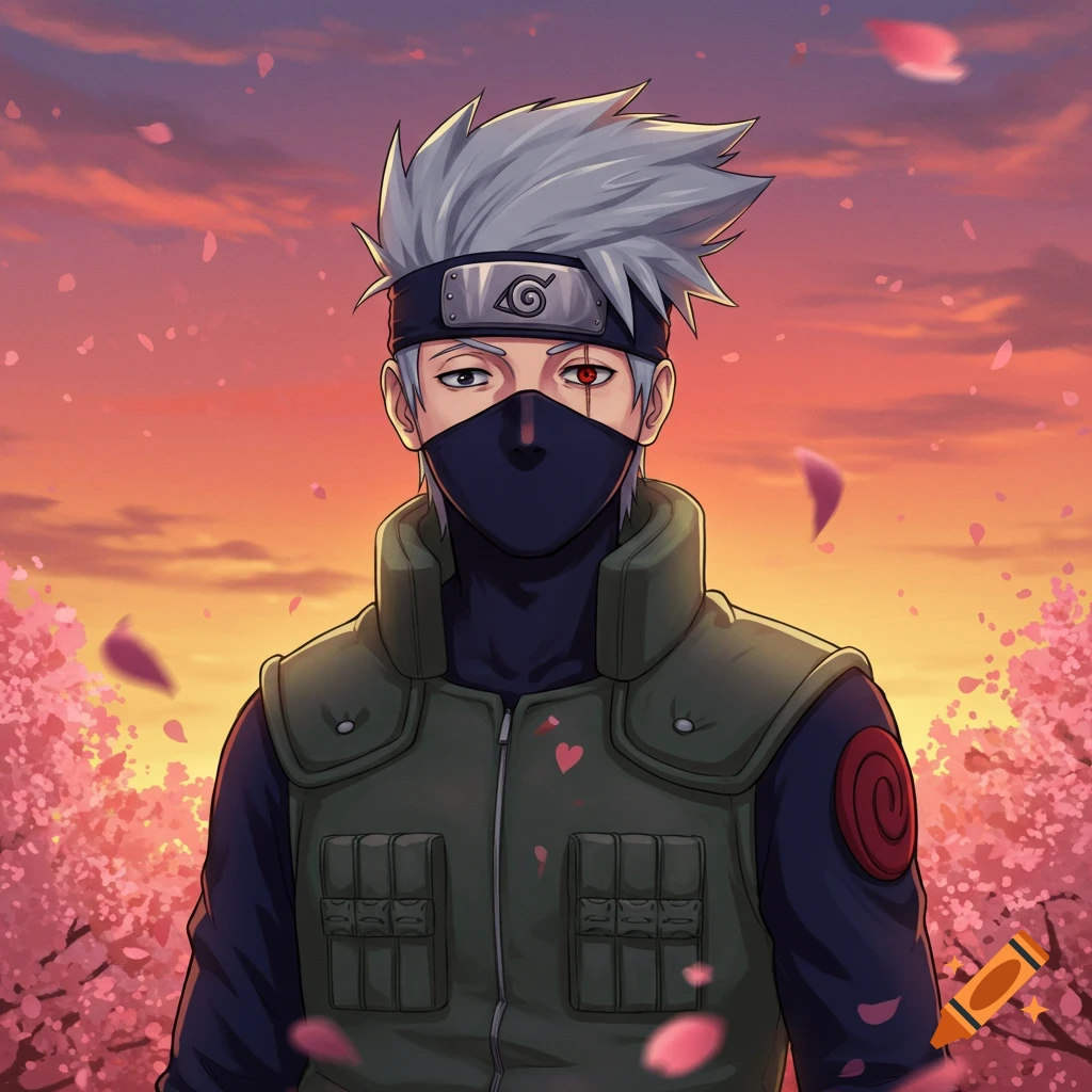 Anime style portrait of Kakashi from Naruto, with spiky gray hair and a mask, against a sunset sky with pink cherry blossoms.