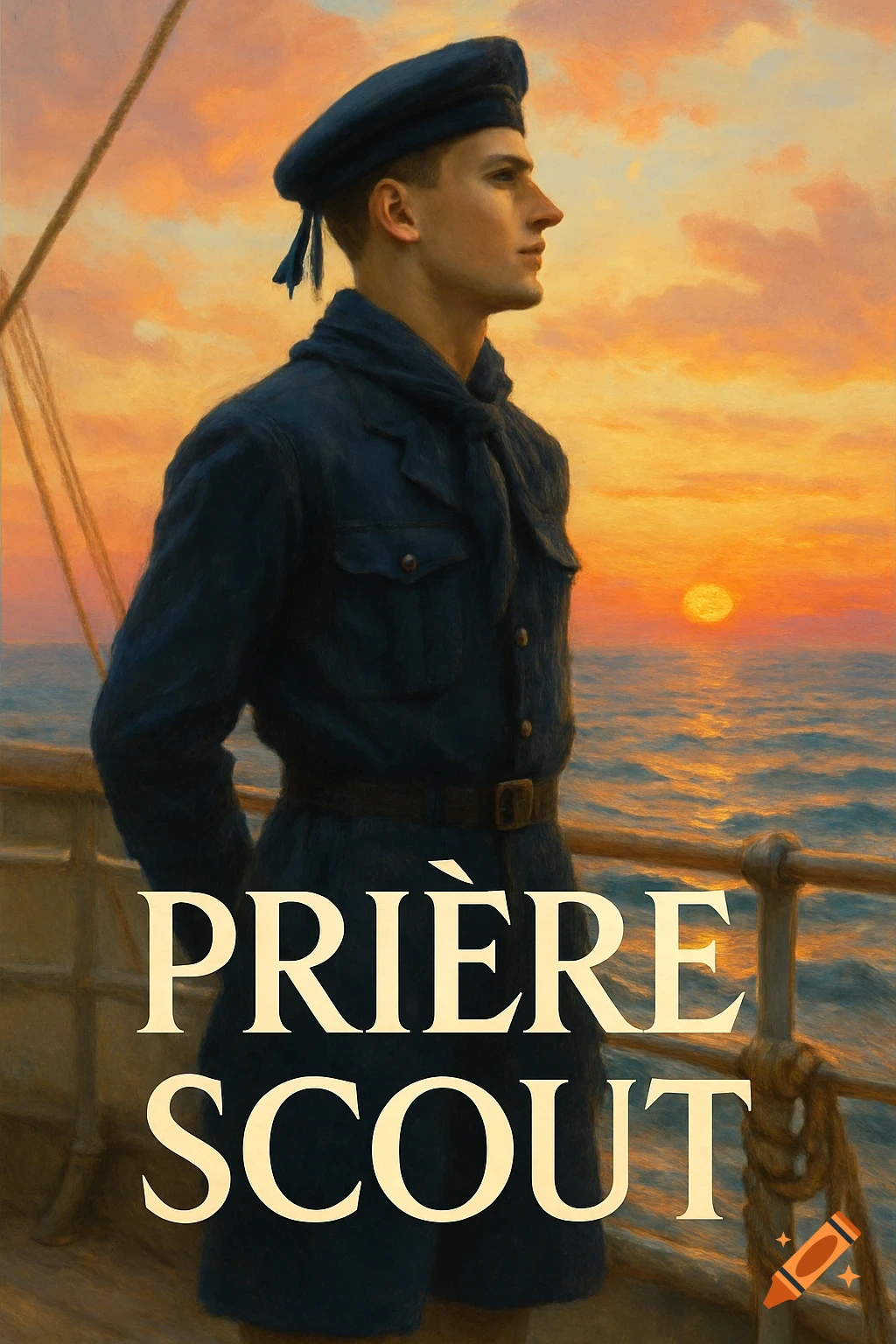 Painting of a young sailor in a blue uniform on a boat at sunset, looking at the horizon, with 'Prière Scout' text.
