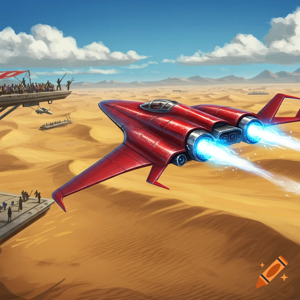 A red futuristic jet-powered aircraft with blue thrusters races over a vast desert, with spectators on elevated platforms.
