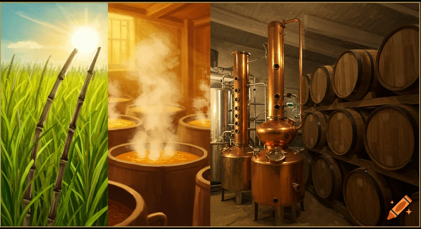Illustrated poster showing the steps of rum production: sugarcane, fermentation, distillation with copper stills, and barrel aging.