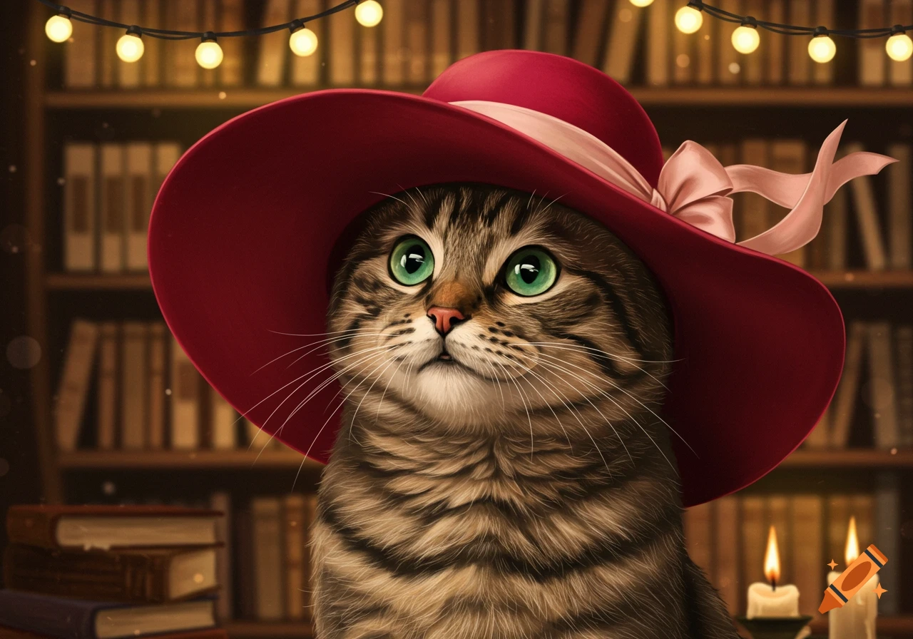 A cute tabby cat with bright green eyes wears a wide-brimmed red hat with a pink ribbon, in a cozy library setting with string lights and candles.