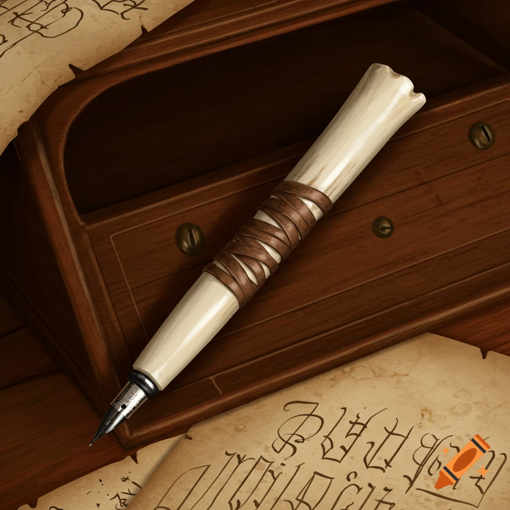 A bone and rawhide calligraphy pen rests on old parchment with illegible script and a wooden desk.