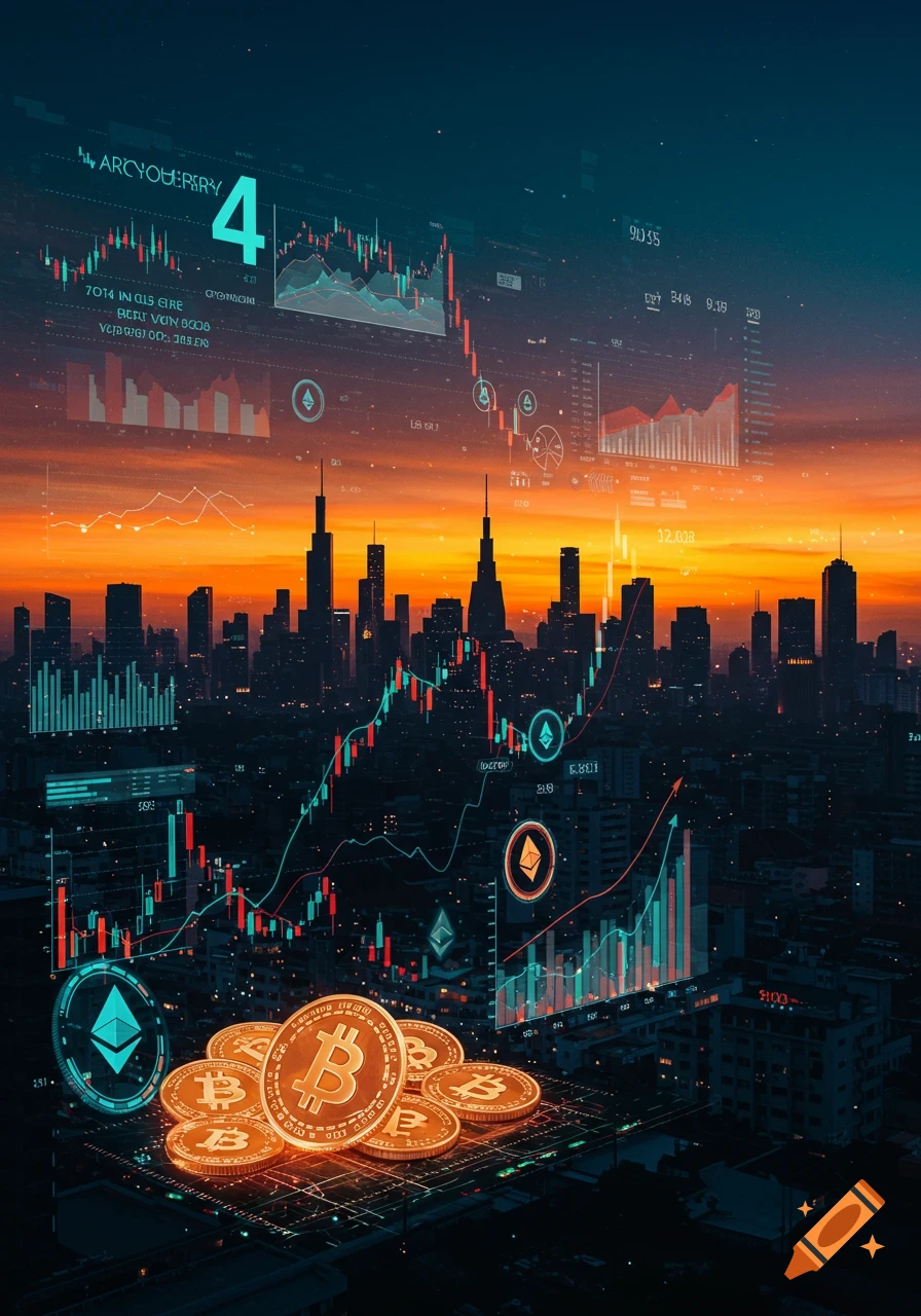 A futuristic cityscape at sunset, overlaid with holographic financial charts, graphs, and digital data. Glowing Bitcoin and Ethereum coins are in the foreground, indicating cryptocurrency trends.