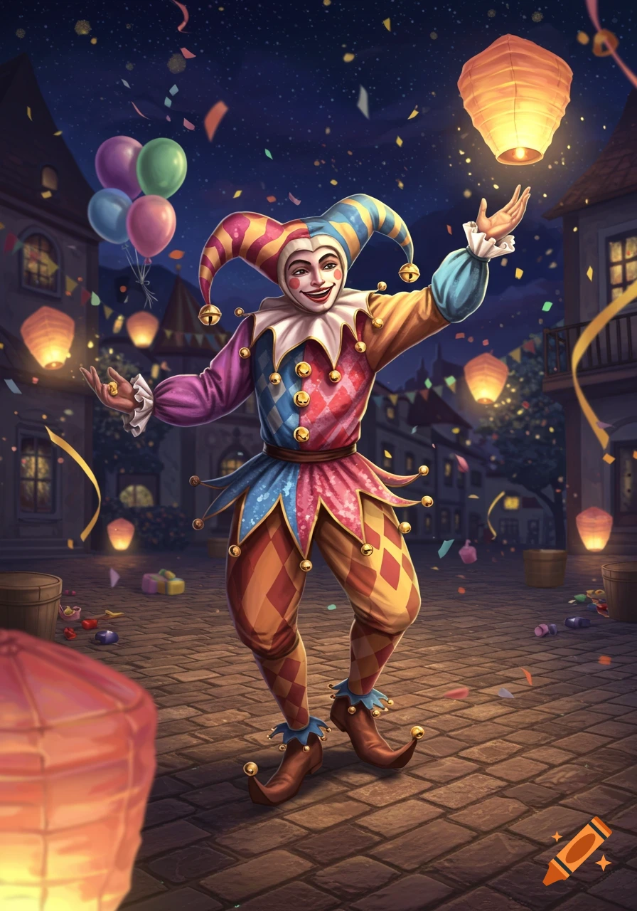 A cheerful jester in a colorful costume, adorned with bells, stands in a festive street at night with balloons, lanterns, and confetti.