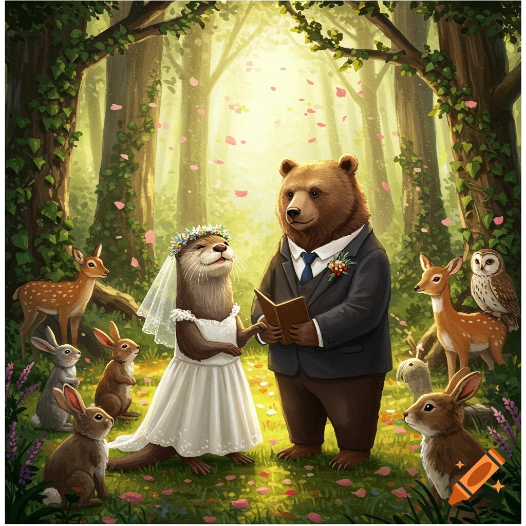 An otter bride in a white dress and a bear groom in a suit hold hands during a forest wedding, surrounded by deer, rabbits, and an owl.