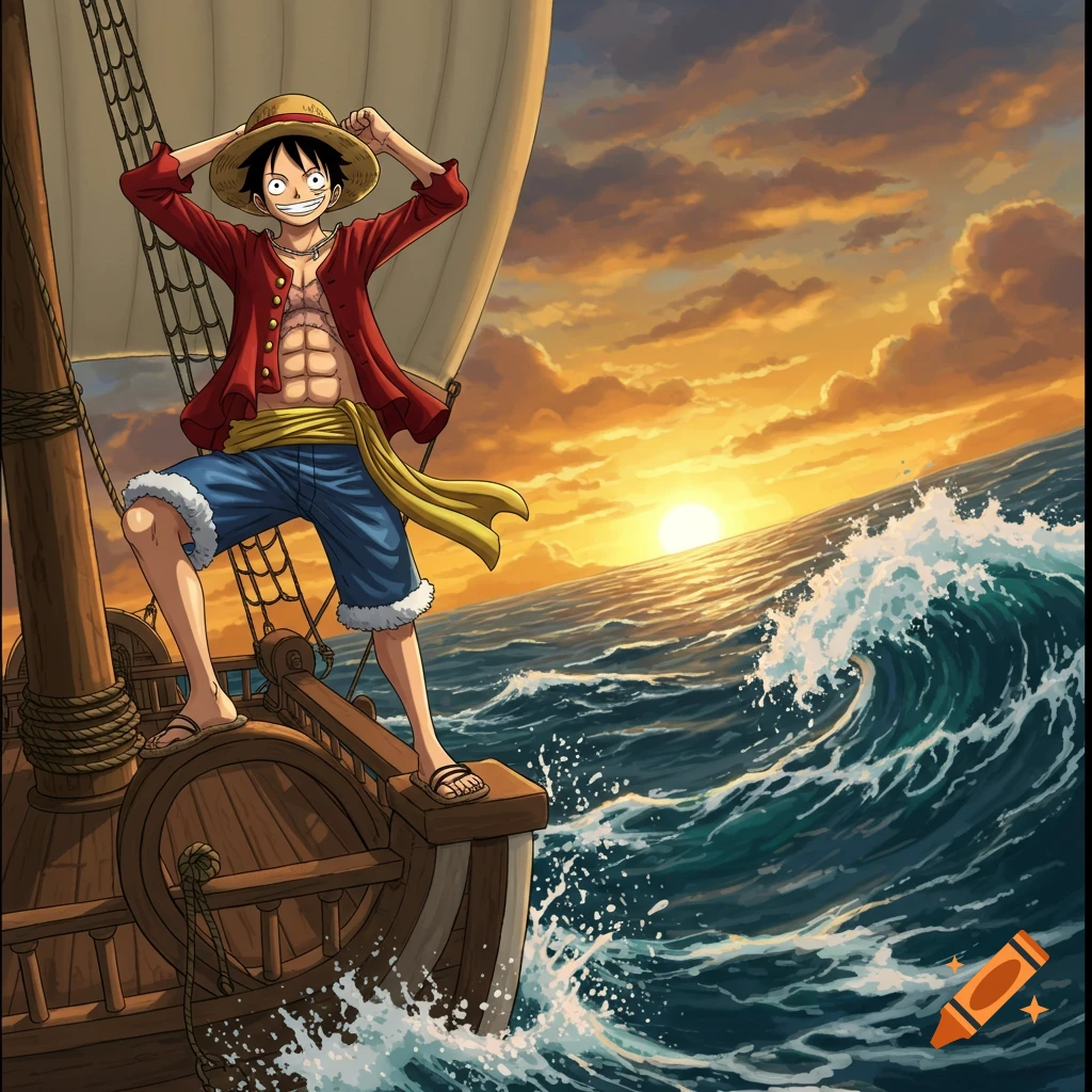 Anime character Luffy from One Piece stands on a ship deck at sunset over a rough ocean.