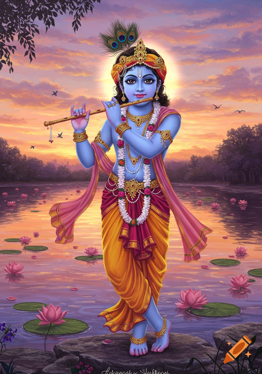 Blue-skinned young Krishna plays a flute on rocks in a lotus lake at sunset, adorned in ornate gold and pink garments in a spiritual art style.