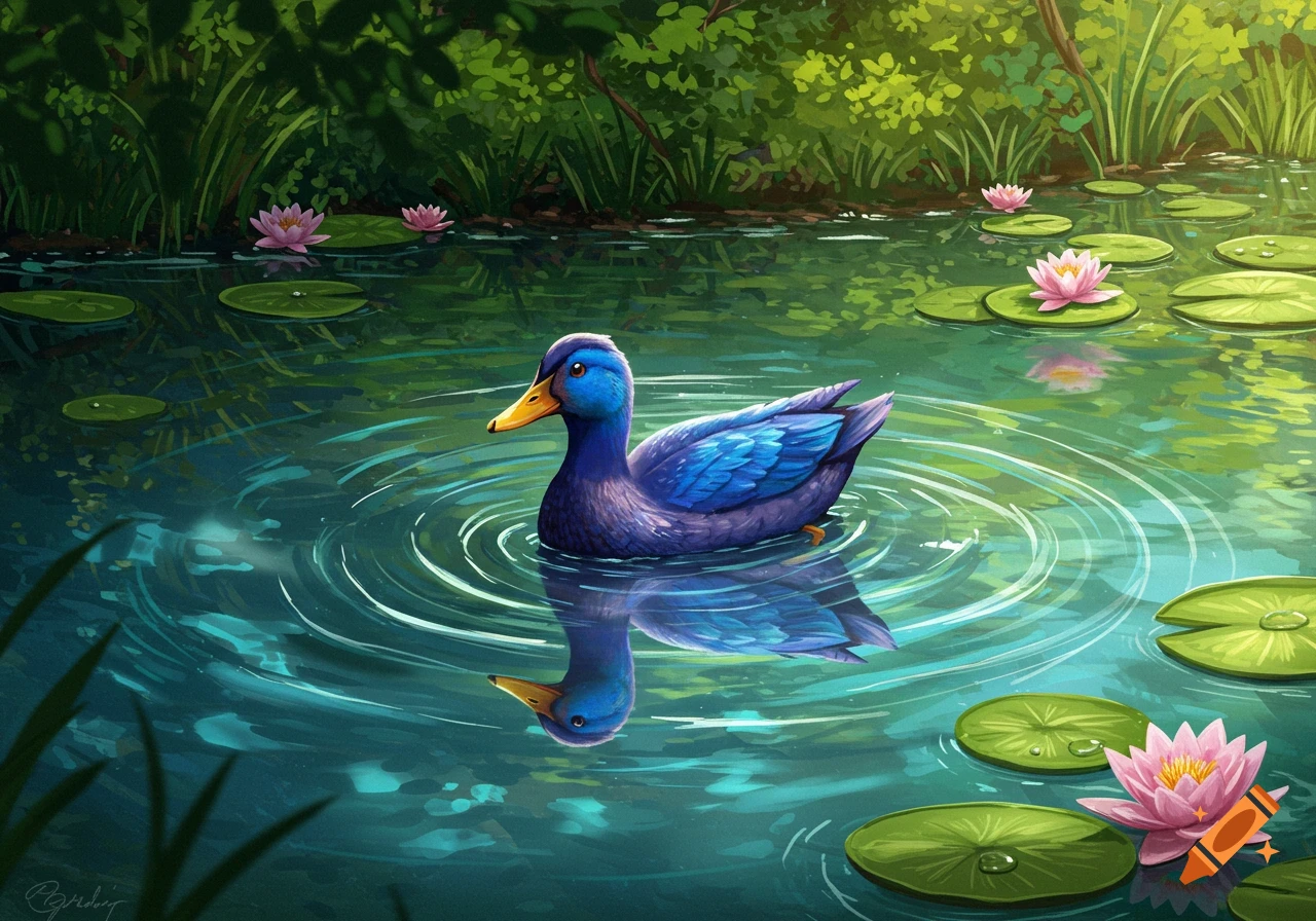 A vibrant blue duck swims in a pond with green lily pads and pink water lilies, surrounded by lush green foliage.