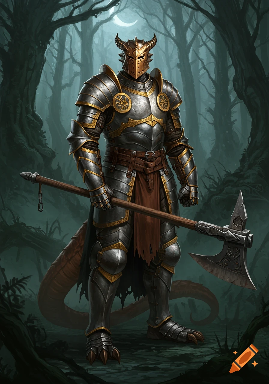 A dragonborn warrior in elaborate steel and gold armor, holding a great axe, stands in a dark, moonlit forest.