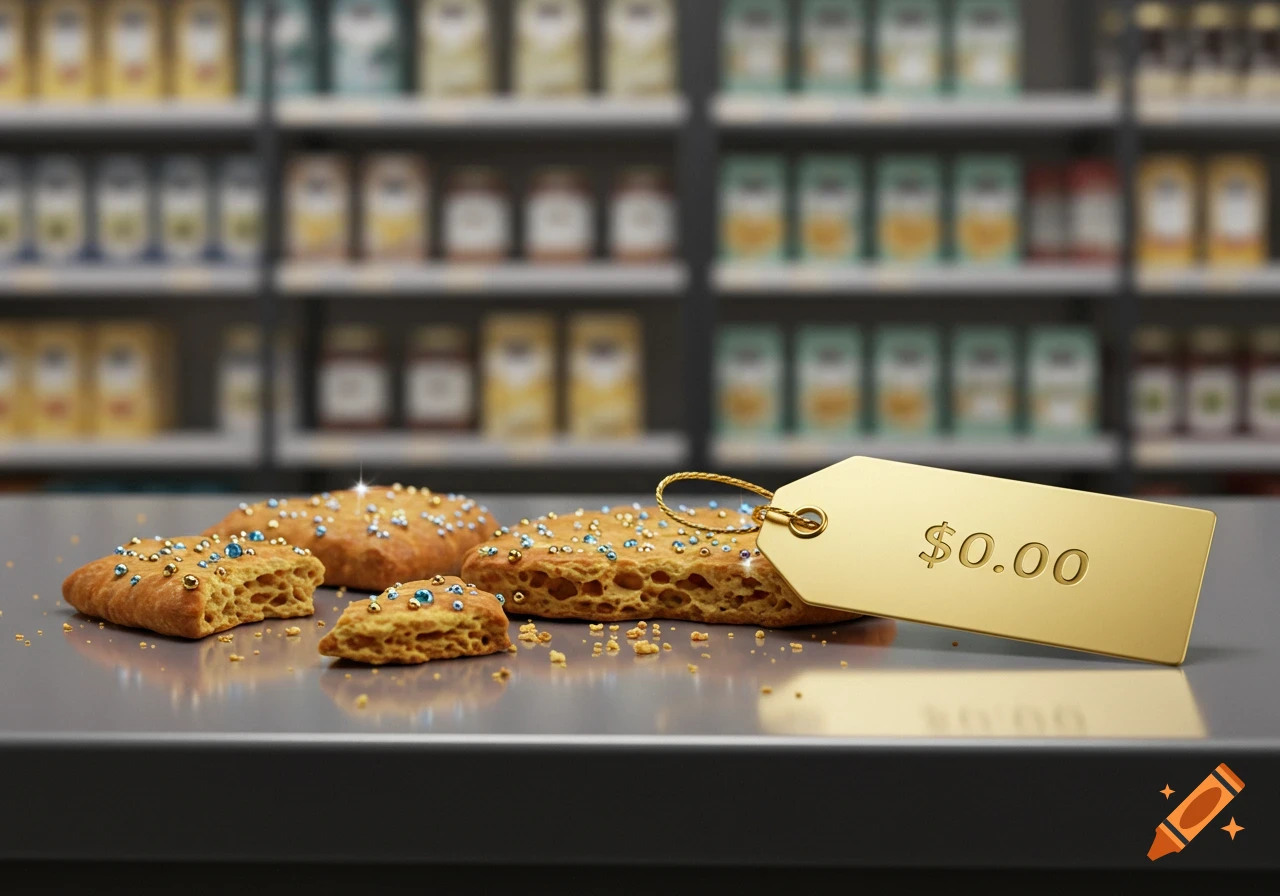 Photorealistic image of golden pastries or cookies with sprinkles, some broken, on a dark supermarket counter with a price tag reading "$0.00". The background shows blurry shelves.