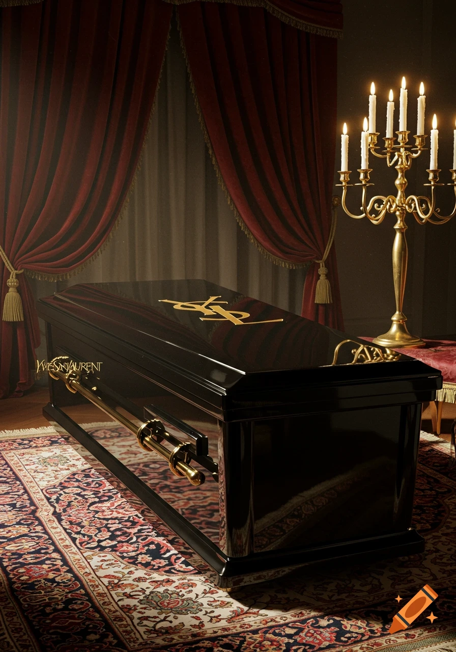 A black Yves Saint Laurent coffin with a gold YSL logo and text, surrounded by red velvet curtains and a candelabra.