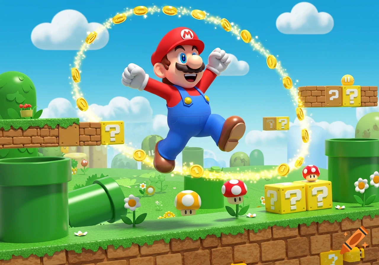 Mario jumps in a vibrant video game landscape, surrounded by question mark blocks, green pipes, coins, and mushrooms.
